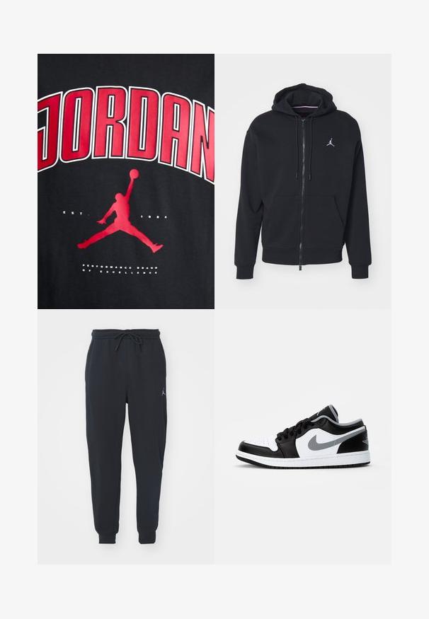 Črna zip-up kapuca iz mehkega materiala, z kenguru žepom, rebrastimi rokavi in belim vezenim logotipom na prsih.; Črna majica s poudarjenim rdečim napisom "JORDAN", silhueto skakalne figure in belim napisom "EST. 1984" pod grafiko.; Črne trenirke iz mehkega materiala, z elastičnim pasom in vrvico, naborki na robovih in manjšim logotipom na levi stegn.; Jordan AIR JORDAN 1 LOW - Športni copati - black/particle grey-white