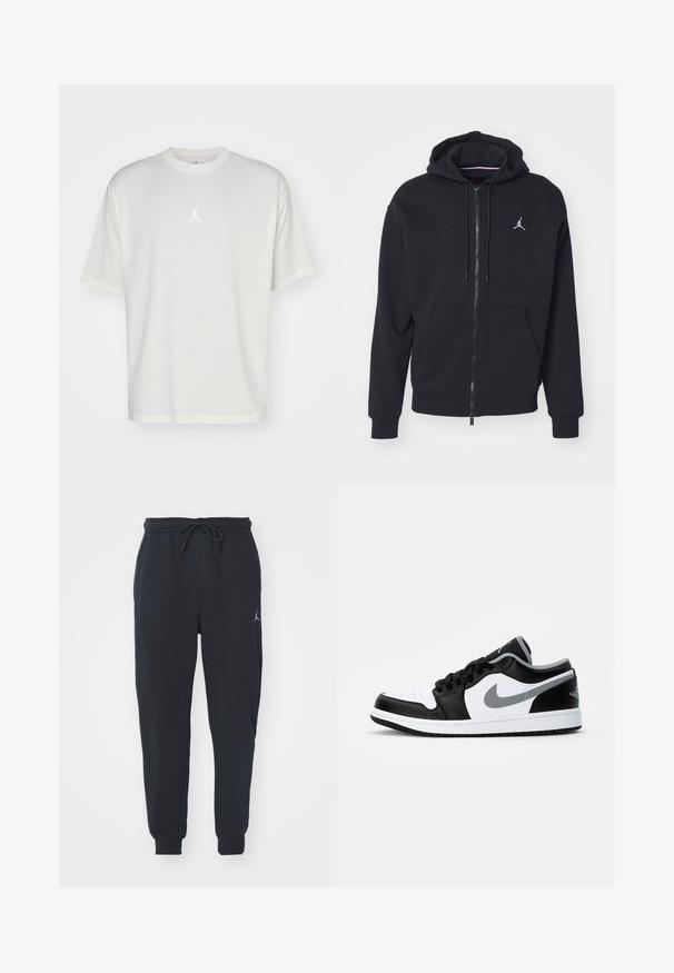 Sort zip-up hoodie lavet af blødt stof, med en kængurulomme, ribbede manchetter og et hvidt broderet logo på brystet.; Hvid bomulds t-shirt med rund halsudskæring, korte ærmer og et lille broderet logo i midten. Løst fit design med minimal syning.; Sorte joggingbukser lavet af blødt stof, med en elastisk talje med snøre, ribbede manchetter og et lille logo på venstre lår.; Jordan AIR JORDAN 1 - Sneakers - black/particle grey-white