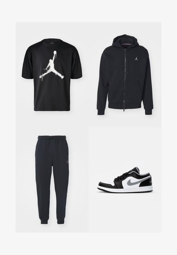 Zwarte zip-up hoodie gemaakt van zachte stof, met een kangoeroezak, geribde boorden en een wit geborduurd logo op de borst.; Zwart katoen t-shirt met een grote, witte silhouet-afbeelding van een springende figuur met een basketbal in het midden van de borst.; Zwarte joggingsbroeken van zachte stof, met een elastische tailleband met trekkoord, geribbelde boorden en een klein logo op de linker dij.; Jordan AIR JORDAN 1 LOW - Sneakers laag - black/particle grey-white