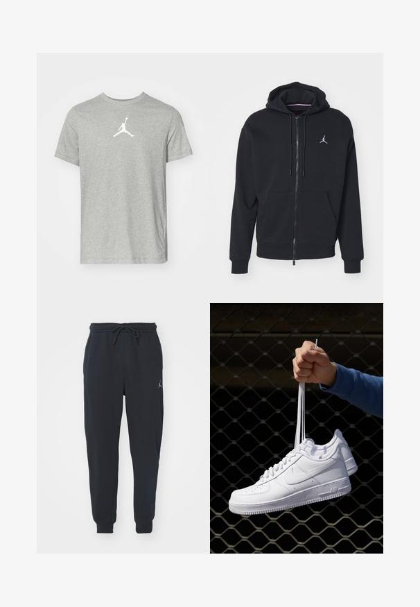 Μαύρο φούτερ με φερμουάρ, κατασκευασμένο από μαλακό ύφασμα, με τσέπη καγκουρό, ριμπ μανσέτες και λευκό κεντητό λογότυπο στο στήθος.; Γκρι κοντομάνικο t-shirt από βαμβακερό μείγμα, με το λευκό λογότυπο Jumpman στο κέντρο μπροστά. Κλασικός σχεδιασμός με λαιμόκοψη.; Μαύρο jogging παντελόνι από μαλακό ύφασμα, με ελαστική μέση και κορδόνι, ριμπ μανσέτες και μικρό λογότυπο στο αριστερό μηρό.; Λευκά δερμάτινα αθλητικά παπούτσια με διάτρητο σχέδιο, στρογγυλή μύτη, επίπεδη σόλα και χοντρές κορδόνες, με εμφάνιση του λογότυπου swoosh και την ένδειξη "AIR" στη φτέρνα.