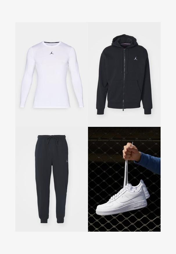 Black zip-up hoodie made from soft fabric, featuring a kangaroo pocket, ribbed cuffs, and a white embroidered logo on the chest.; White long-sleeve fitted athletic shirt with a round neckline and a small black Jumpman logo centered on the chest.; Black jogger pants made of soft fabric, featuring an elastic waistband with a drawstring, ribbed cuffs, and a small logo on the left thigh.; White leather sneakers with perforations, round toe, flat sole, and thick laces, featuring a visible swoosh logo and "AIR" on the heel.