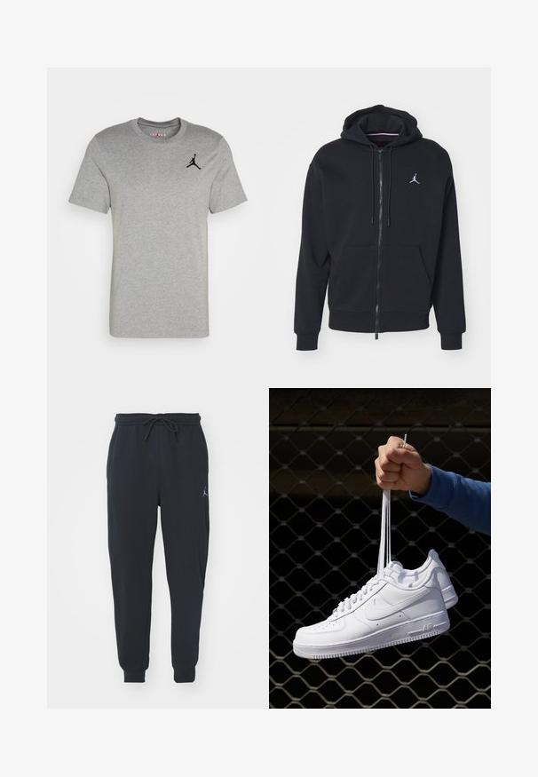 Fleeced preto com fecho, feito de um tecido suave, apresentando um bolso canguru, punhos canelados e um logo bordado branco no peito.; Camiseta de algodão cinza com mangas curtas, decote arredondado canelado e logótipo Jordan preto impresso no lado esquerdo do peito. Textura suave.; Calças de jogger pretas feitas de um tecido macio, apresentando uma cintura elástica com cordão, punhos canelados e um pequeno logótipo na coxa esquerda.; Sapatilhas de couro branco com perfurações, biqueira redonda, sola plana e atacadores grossos, apresentando um logotipo swoosh visível e "AIR" no calcanhar.
