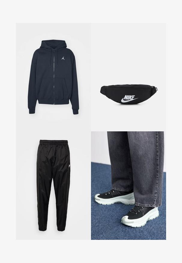 Tamsiai mėlynas džemperis su užtrauktuku, pagamintas iš minkštos medžiagos, su kengūros kišene, gofruotais rankogaliais ir baltu „Jordan“ logotipu kairėje krūtinės pusėje.; Balta, ilga rankovė T-maiša, pagaminta iš medvilnės. Apvalios iškirptės dizainas su raukiniais ant rankovių ir nedidelis logotipas ant kairės rankovės. Glotni tekstūra.; Juodos treniruoklių kelnės, pagamintos iš lengvo, blizgaus materiolio, su elasticiniu juosmeniu, siaurėjančiu siluetu ir užtrauktukais užsegamomis kišenėmis. Su logotipo akcentu.; Juodos sportinės bateliai su tekstūruotu audinio viršumi, balta vidutinė dalis, juodi raišteliai ir guminis padas, derinami su pilkais plačiais džinsais.; Juodas nertinis fanny pack'as su užtrauktuku, su dideliu baltu "Nike" logotipu. Lygus paviršius ir ergonomiškas dizainas patogiam nešimui.