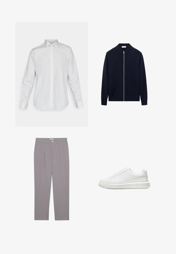 Cardigan tricotat de culoare bleu marin, cu guler rotund și fermoar pe toată lungimea. Manșete și tiv cu dantelă. Textură moale, fără modele sau accente vizibile.; Jack & Jones JJJOE PRINT SHIRT - Cămașă elegantă - medieval blue; Pantaloni gri, croiți pe linie dreaptă, cu două buzunare frontale, pliuri și închidere cu nasture. Realizați dintr-un material ușor.; Adidași albi cu un upper sintetic neted, vârf rotund, șireturi plate, talpă texturată și un design pe straturi, oferind un plus de înălțime.