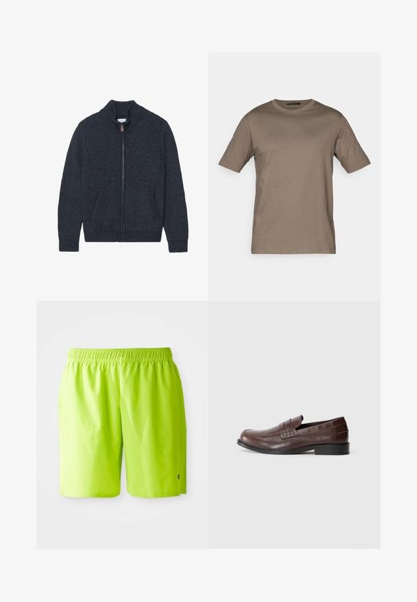 Pletena temno siva kardigan jakna z visokim ovratnikom, polnim zadrgo in dvema stranskima žepoma. Teksturovana tkanina z rebrastimi manšetami in robom.; Brahk kratek rokav T-shirt iz mehkega blaga, z okroglo izrezbo in sproščenim krojem, s gladko in enakomerno teksturo.; Svetlo limetno zeleni kopalni šorts s elastičnim pasom in stranskimi žepi, prikazani na enobarvnem belem ozadju.; Rjavi usnjeni loafersi z gladko površino, zaobljenim nosom in nizko črno peto. Imajo okrasno pasovko v slogu penny. Stranski pogled.