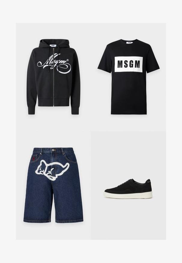 Svart zip-up hettegenser med hvit kursiv logo over brystet, snorer, lange ermer og ribbede mansjetter og nederkant.; Svart bomulls T-skjorte med korte ermer, med et hvitt rektangulært logo med "MSGM" i fete svarte bokstaver over forsiden.; Icecream RUNNING PUPPY - Jeansshorts - indigo; Svart semsket sneakers med snøring og kontrasterende hvit gummisåle. Har teksturerte sidepaneler og subtil merkevare på hælen.