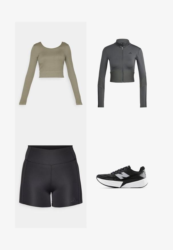Szara sportowa kurtka z zamkiem błyskawicznym, z długimi rękawami, z prążkowanym wykończeniem w talii i na rękawach oraz logiem po lewej stronie klatki piersiowej.; Oliwkowa, długowieczna, skrócona bluzka z prążkowanej tkaniny, z okrągłym dekoltem i dopasowanymi rękawami, odpowiednia do codziennego użytku.; Czarne sportowe szorty wykonane z elastycznego materiału, z wysokim stanem, płaskimi szwami i subtelnym logo Adidas w dolnym rogu.; Czarno-biała biegowa sneaker New Balance z grubą podeszwą, siateczkowym wierzchem i logo "N" z boku, widok od strony zewnętrznej.