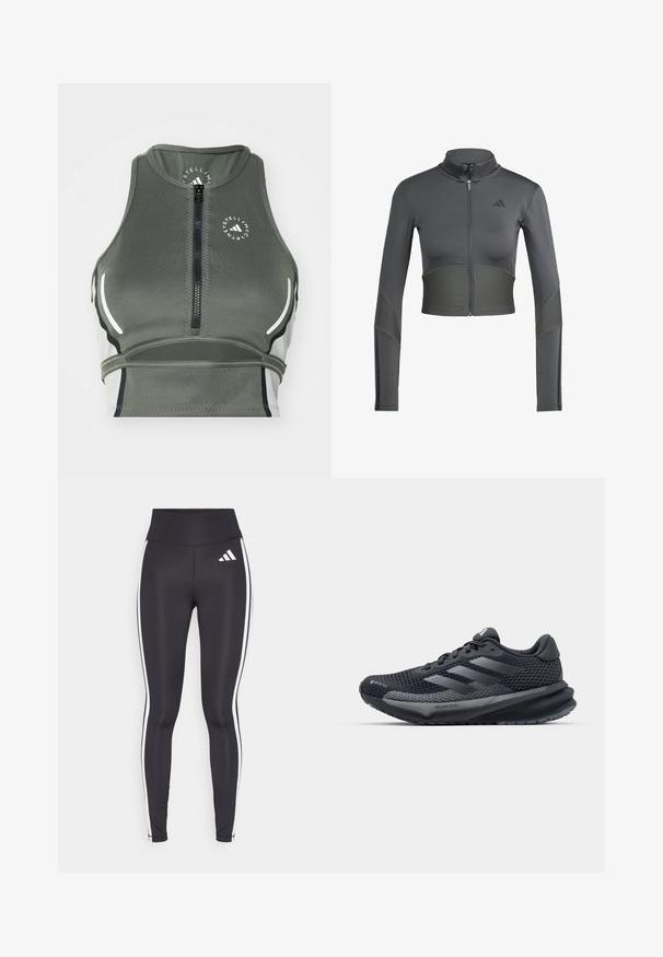 Grå idrotts-jacka med dragkedja och långa ärmar, med ribbat mönster vid midjan och ärmarna, samt en logotyp på vänster sida av bröstet.; Sportig grön crop top gjord av elastiskt tyg, med dragkedja framtill, lätt design, vita detaljer och en rund logotyp.; Svarta leggings med hög midja, med vita sidostråk och en liten vit logotyp på övre vänster lår. Tillverkade av ett slätt, elastiskt material.; Svart sportskor med ett texturerat mesh-ovandel, reflexdetaljer, dämpad sula och en strömlinjeformad design. Har tre randigt logotyp.