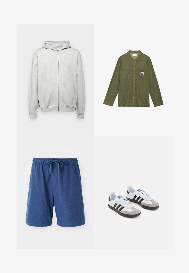 Svetlo siva zip-up kapuca izdelana iz mehkega materiala. Ima kapuco, dve sprednji žep in rebraste manšete za udobno prileganje.; Olivnozelen srajček iz korduroja z dolgimi rokavi, z gumbom na zaponki, dvema žepoma na prsih in grafičnim nakitom gore na levem žepu.; Modri pleteni šortji z elastiko v pasu, z vrvico za zapiranje in stranskimi žepi. Kratka dolžina z gladko, teksturirano površino.; Športni čevlji z belim usnjenim zgornjim delom, sivim semišem na prstih in tremi črnimi črtami. Imajo modro logo na jeziku in teksturiran gumijast podplat.