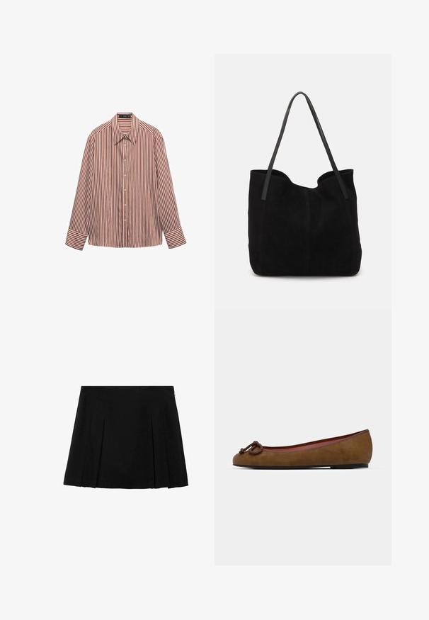 Tmavě šedý cardigan s véčkovým výstřihem, dlouhými rukávy, zapínáním na knoflíky, dvěma předními kapsami a žebrovanými manžetami a lemem.; Košile s dlouhým rukávem, s červeným a bílým vertikálním pruhovaným vzorem, vyrobená z lehké látky, s klasickým límečkem a manžetami.; Černá plisovaná minisukně s hladkým, texturovaným materiálem a diskrétním bočním zipem. Obsahuje rovnoměrně rozložené vertikální plisy.; Hnědé semišové baleríny s kulatou špičkou, s uzlovým detailem na přední straně, tenkým červeným lemováním a plochou černou podrážkou.; Černá semišová taška přes rameno s dvěma dlouhými plochými koženými popruhy. Má zakřivený horní okraj a viditelné švy na přední straně. Bez kovových doplňků.