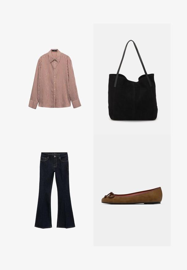 Dunkelgrauer V-Ausschnitt-Cardigan mit langen Ärmeln, Knopfverschluss, zwei Vorderseiten-Taschen und gerippten Bündchen und Saum.; Langärmliges Hemd mit Knopfverschluss im rot-weißen gestreiften Muster, aus leichtem Stoff gefertigt, mit klassischem Kragen und Manschetten.; Dunkelblaue Jeans mit hoher Taille, vorderen Taschen und weit ausgeschnittenen Beinen, flach auf einem weißen Hintergrund ausgestellt.; Braune Wildleder-Ballettschuhe mit abgerundeter Zehenpartie, die eine geknotete Verzierung an der Vorderseite, dünne rote Einfassung und eine flache schwarze Sohle aufweisen.; Schwarze Wildleder-Umhängetasche mit zwei langen, flachen Ledergriffen. Sie verfügt über eine gewölbte obere Kante und sichtbare Nähte auf der Vorderseite. Keine Hardware-Details.