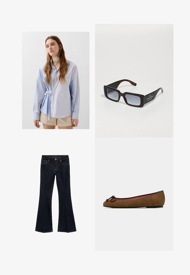 Dark gray V-neck cardigan with long sleeves, button closure, two front pockets, and ribbed cuffs and hem.; Blue and white striped button-up shirt with long sleeves, tied at the waist, featuring a collar and a textured accent around the neck.; Dark blue denim jeans with high waist, front pockets, and flared wide legs, displayed flat on a white background.; Brown suede ballet flat with a rounded toe, featuring a knotted detail on the front, thin red trim, and a flat black sole.; Tortoiseshell oversized sunglasses with gray gradient lenses. Features rectangular frame design and white branded text on the temples.; Black suede tote bag with two long, flat leather straps. Features a curved top edge and visible stitching along the front. No hardware accents.