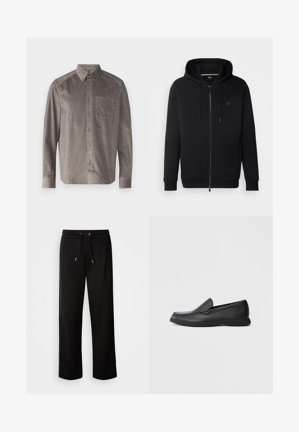 Musta vetoketjullinen huppari, joka on valmistettu sileästä puuvillakankaasta. Siinä on kiristettävä huppu ja logoyksityiskohta rinnassa sekä resorit hihansuissa ja helmassa.; DRYKORN LIET - Vapaa-ajan kauluspaita - grey; Musta, löysästi istuva collegehousut, jotka on valmistettu pehmeästä kankaasta. Niissä on joustava vyötärö, jossa on naru ja sivutaskut.; Musta nahkainen liukuvi loafer, jossa on tekstuuripinta, pyöreä kärki, matala korko ja kumipohja, esitelty sivuprofiilissa valkoisella taustalla.