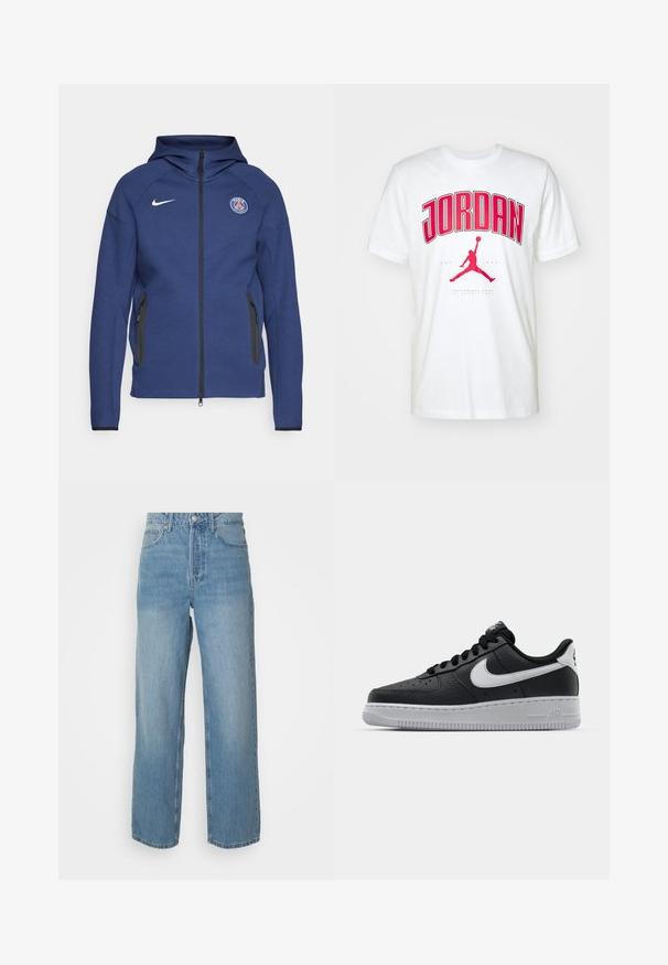 Hoodie bleu marine en tissu doux doté d'une fermeture éclair complète, de poches latérales et d'un patch logo. Il présente un design structuré avec une capuche.; T-shirt en coton blanc avec un texte "JORDAN" rouge en gras et un logo Jumpman rouge. Manches courtes et un design classique à col rond.; Jeans en denim léger bleu clair taille haute avec des jambes droites, fermeture à bouton à l'avant et style à cinq poches sur fond uni.; Baskets en cuir noir avec surface texturée, swoosh Nike blanc, semelle grise, bout rond et design à lacets. Comprend des perforations sur la boîte à orteils.
