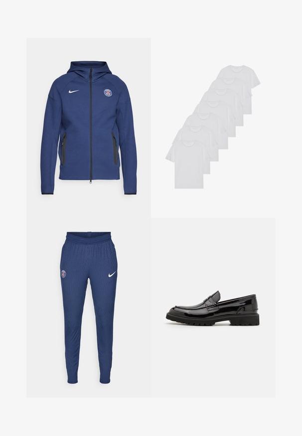 Tamsiai mėlyna džemperis su užtrauktuku, pagamintas iš minkštos medžiagos, su šoniniais kišeniais ir logotipo žyme. Jis turi struktūruotą dizainą su gobtuvu.; Baltos medvilninės marškinėliai, trumpomis rankovėmis, apvaliu kaklu, lygia tekstūra, sušluoti į eilę, su subtiliu prekės ženklu ant kaklo.; Jūrinės sportinės kelnės, pagamintos iš tekstūruoto audinio, su Paryžiaus logotipu ant kairiojo šlaunies ir balta Nike swoosh ženklu dešinėje.; Juodi lakiniai odiniai loaf'ai su masyviu padu, su dekoratyviu dirželiu priekyje ir lengvai užsidedančiu dizainu. Glotni, blizganti tekstūra.