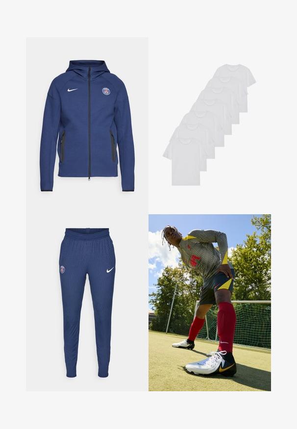 Mornarsko modra kapuca iz mehkega materiala z dolgim zadrgo, stranskimi žepi in logotipom. Ima strukturirano zasnovo s kapuco.; Beli bombažni T-majici, kratki rokavi, krožni izrez, enostavna tekstura, zloženi v vrsto, s subtilnim logotipom na vratu.; Mornarice športne hlače iz teksturiranega materiala z logotipom Pariza na levem stegnu in belim Nikejevim logotipom na desni strani.; Nike nogometna majica črno-bele proge, z rumenimi poudarki, kombinirana s temnimi hlačami in rdečimi nogavicami. Ima bele in črne kopačke z zlatim žigom.