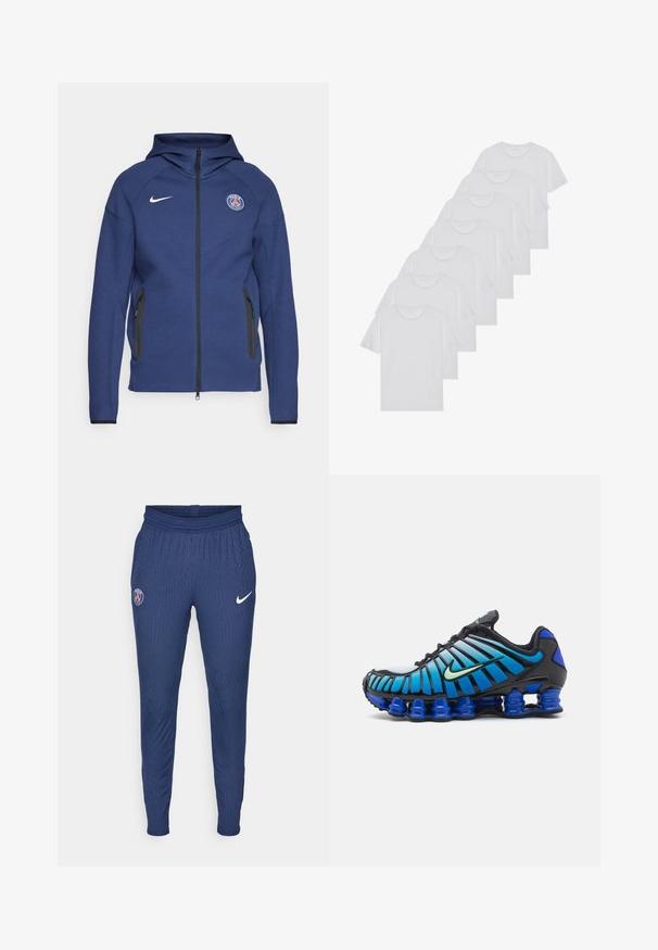 Sweatshirt azul marinho feito de tecido suave, apresentando um fecho completo, bolsos laterais e um patch com logotipo. Tem um design estruturado com capuz.; T-shirts brancos de algodão, mangas curtas, design de gola redonda, com textura lisa, empilhados em fila, com uma marcação subtil na gola.; Calças de treino azul-marinho feitas de tecido texturizado, com um logotipo de Paris na coxa esquerda e um swoosh branco da Nike na direita.; Nike Sportswear SHOX TL - Sapatilhas - black/vapor green/racer blue