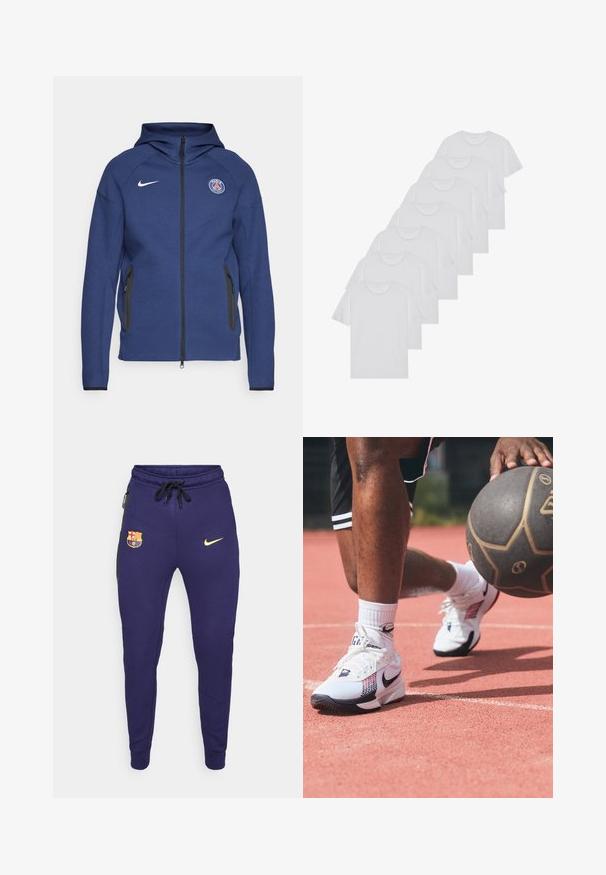 Hanorac bleumarin dintr-un material moale, cu fermoar pe întreaga lungime, buzunare laterale și o etichetă cu logo. Are un design structurat și glugă.; Tricouri din bumbac albe, cu mâneci scurte, design cu guler rotund, textură simplă, așezate într-un rând, cu o marcă subtilă la guler.; Pantaloni de trening bleu marin cu un logo auriu Nike, un emblema brodată a FC Barcelona și accente laterale negre, cu o talie cu șnur.; Pantofi sport albi cu accente negre și roșii, având un material texturat și un logo distinct sub formă de swoosh, purtați pe un teren de baschet cu o minge.