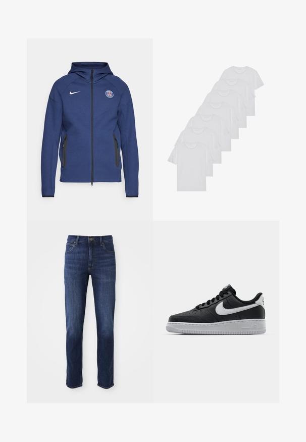 Námořnický modrý mikina s kapucí z měkké tkaniny, která má plný zip, boční kapsy a logo nášivku. Má strukturovaný design s kapucí.; Biele bavlnené trička, krátke rukávy, dizajn s okrúhlym výstrihom, hladká textúra, naskladané v rade, so subtilným brandingom na výstrihu.; Tmavomodré džínsy so straight fit strihom, klasickým dizajnom s piatimi vreckami a kovovým zapínaním. Na látke sú jemné efekty vyblednutia.; Čierne kožené tenisky s textúrovaným povrchom, biely Nike swoosh, šedá podrážka, okrúle špičky a šnurovací dizajn. Obsahuje perforácie na špičke.