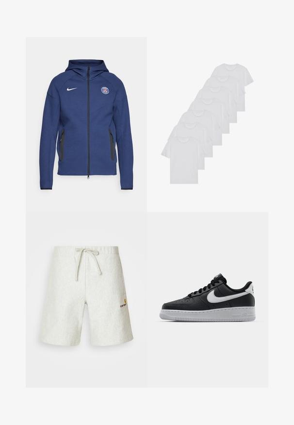 Marineblå hættetrøje lavet af blødt stof, der har fuld lynlås, sidelommer og et logo-patch. Den har et struktureret design med hætte.; Hvide bomulds T-shirts, korte ærmer, rund halsdesign, ensartet tekstur, stablet i en række, med diskret branding ved halsåbningen.; Lysegrå shorts lavet af et struktureret materiale. Har en justerbar snor i taljen og et lille logo på venstre side.; Sort lædersneaker med tekstureret overflade, hvid Nike swoosh, grå sål, rund tå og snørebåndsdesign. Har perforeringer på tåboksen.