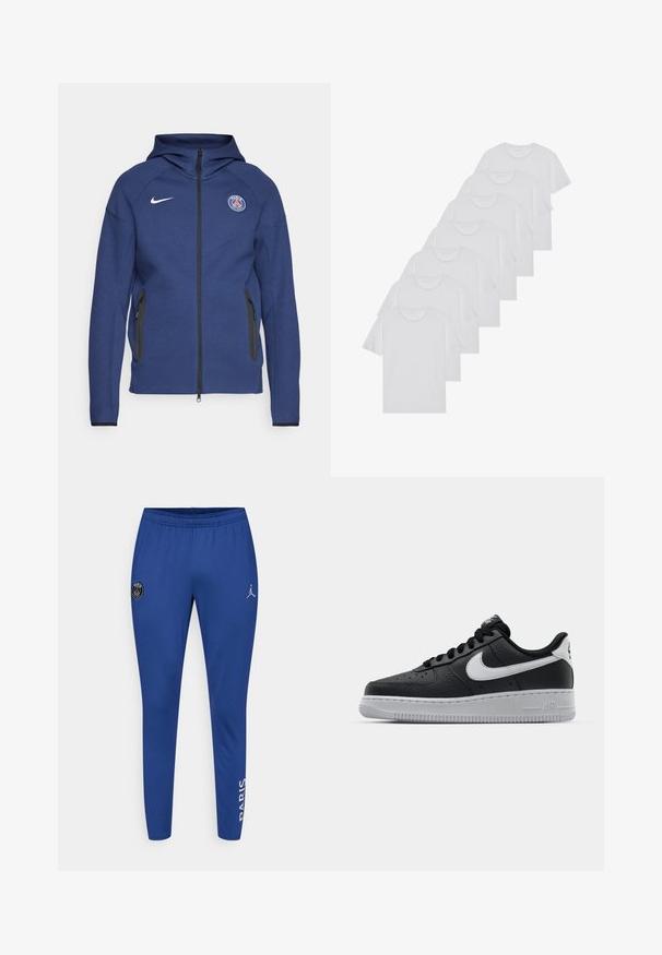 Sweatshirt azul marinho feito de tecido suave, apresentando um fecho completo, bolsos laterais e um patch com logotipo. Tem um design estruturado com capuz.; T-shirts brancos de algodão, mangas curtas, design de gola redonda, com textura lisa, empilhados em fila, com uma marcação subtil na gola.; Calças de desporto azuis feitas de tecido suave, com um patch do logótipo de Paris e um logótipo Jumpman. Design afinado com cintura elástica.; Sapatilha de pele preta com superfície texturizada, swoosh branco da Nike, sola cinza, bico redondo e design com atacadores. Apresenta perfurações na caixa dos dedos.