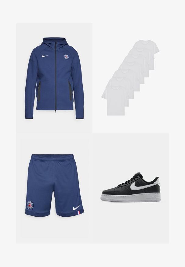 Tamsiai mėlyna džemperis su užtrauktuku, pagamintas iš minkštos medžiagos, su šoniniais kišeniais ir logotipo žyme. Jis turi struktūruotą dizainą su gobtuvu.; Baltos medvilninės marškinėliai, trumpomis rankovėmis, apvaliu kaklu, lygia tekstūra, sušluoti į eilę, su subtiliu prekės ženklu ant kaklo.; Tamsiai mėlynos sportinės šortai su elastinga juosta, kurie turi baltą Nike logotipą ir Paryžiaus Saint-Germain emblema kairėje šortų pusėje.; Juoda odinė sportinė avalynė su tekstūruota danga, balta Nike swoosh, pilkas padas, apvalus nosis ir raištelių užsegimas. Yra perforacijos ant nosies.