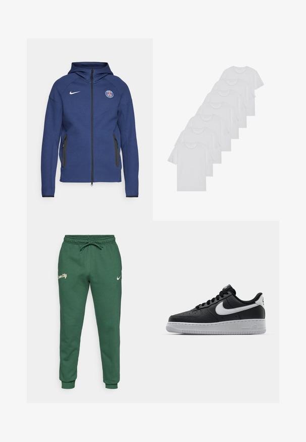 Sweatshirt azul marinho feito de tecido suave, apresentando um fecho completo, bolsos laterais e um patch com logotipo. Tem um design estruturado com capuz.; T-shirts brancos de algodão, mangas curtas, design de gola redonda, com textura lisa, empilhados em fila, com uma marcação subtil na gola.; Calças de jogging verdes feitas de tecido suave, com um cordão na cintura, punhos elásticos e texto "Dream City" na perna esquerda juntamente com o logótipo da Nike.; Sapatilha de pele preta com superfície texturizada, swoosh branco da Nike, sola cinza, bico redondo e design com atacadores. Apresenta perfurações na caixa dos dedos.