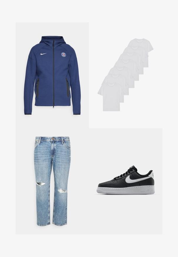 Tamsiai mėlyna džemperis su užtrauktuku, pagamintas iš minkštos medžiagos, su šoniniais kišeniais ir logotipo žyme. Jis turi struktūruotą dizainą su gobtuvu.; Baltos medvilninės marškinėliai, trumpomis rankovėmis, apvaliu kaklu, lygia tekstūra, sušluoti į eilę, su subtiliu prekės ženklu ant kaklo.; Šviesiai mėlyni džinsai su tiesiu pjūviu, turintys nusidėvėjusių skylių keliuose ir subtilaus blukimo efektą tekstūrai. Klasikinis penkių kišenių dizainas.; Juoda odinė sportinė avalynė su tekstūruota danga, balta Nike swoosh, pilkas padas, apvalus nosis ir raištelių užsegimas. Yra perforacijos ant nosies.