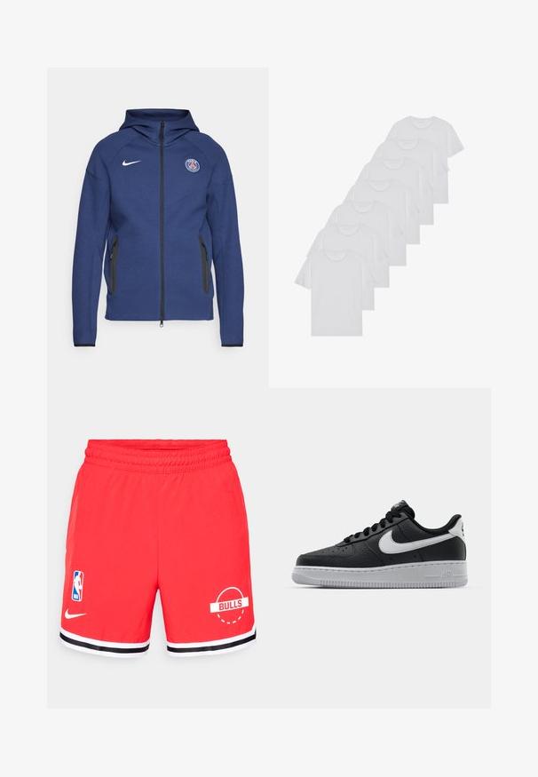 Sötétkék kapucnis pulóver puha anyagból, teljes cipzárral, oldalsó zsebekkel és logós folttal. Szerkezete formálisan kialakított, kapucnival rendelkezik.; Fehér pamut pólók, rövid ujjúak, kerek nyak kialakítással, sima textúrával, sorba rakva, diszkrét logóval a nyaknál.; Piros kosárlabda rövidnadrág elasztikus derékpánttal, bal oldalon fehér NBA logóval és jobb oldalon "BULLS" grafikával. Fekete-fehér csíkok a szegélyen.; Fekete bőr edzőcipő mintás felülettel, fehér Nike logóval, szürke talppal, kerek orral és fűzős dizájnnal. Az orr részen perforációk találhatóak.