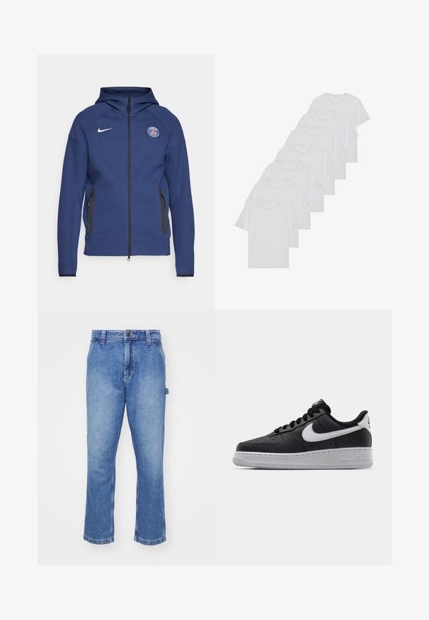 Jūras zila kapuce, kas izgatavota no mīkstas auduma, ar pilnu rāvējslēdzēju, sānu kabatām un logotipa uzšuvi. Tam ir strukturēts dizains ar kapuci.; Baltie kokvilnas T-krekli, īsas piedurknes, apaļas izgriezuma dizains, vienkārša tekstūra, sakrauti rindā, ar smalku zīmolu pie kakla izgriezuma.; Zila džinsa bikses ar taisna griezuma, piecu kabatu dizainu un kontrastējošu šuvēm. Pogas un rāvējslēdzēja aizdare jostasvietā.; Melna ādas sporta apavi ar teksturētu virsmu, balta Nike swoosh zīme, pelēks zole, apaļa pirksta daļa un saistējs dizains. Iekļautas perforācijas uz pirksta kastes.
