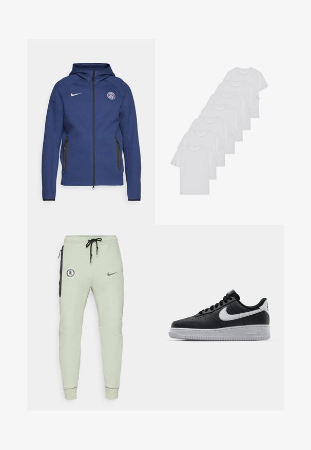 Marinblå hoodie gjord av mjukt tyg med en hel dragkedja, sidofickor och en logotyp patch. Den har en strukturerad design med en huva.; Vita bomull T-shirts, korta ärmar, rundad halsdesign, slät textur, staplade i en rad, med subtil branding vid halsringningen.; Ljusgröna sweatpants med en åtsittande design, som har Chelsea FC-logga och Nike-swoosh, sidofickor med svarta accenter och elastiska mudd.; Svart lädersneaker med strukturerad yta, vit Nike-swoosh, grå sula, rund tå och snörningsdesign. Har perforeringar på tåboxen.
