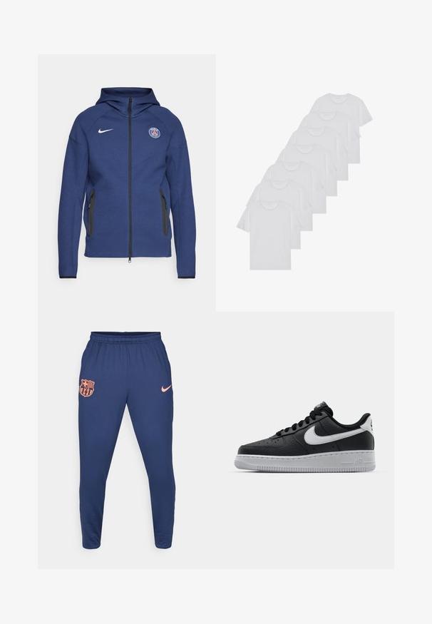 Sötétkék kapucnis pulóver puha anyagból, teljes cipzárral, oldalsó zsebekkel és logós folttal. Szerkezete formálisan kialakított, kapucnival rendelkezik.; Fehér pamut pólók, rövid ujjúak, kerek nyak kialakítással, sima textúrával, sorba rakva, diszkrét logóval a nyaknál.; Sötétkék sportnadrág sima anyagból, narancssárga FC Barcelona logóval és egy kis narancssárga Nike swoosh-zsal a csípőnél.; Fekete bőr edzőcipő mintás felülettel, fehér Nike logóval, szürke talppal, kerek orral és fűzős dizájnnal. Az orr részen perforációk találhatóak.