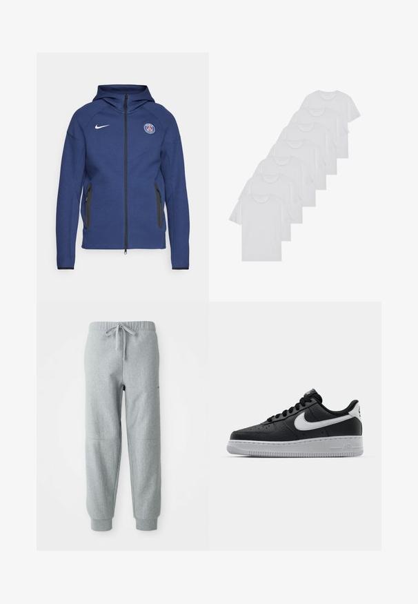 Hoodie bleu marine en tissu doux doté d'une fermeture éclair complète, de poches latérales et d'un patch logo. Il présente un design structuré avec une capuche.; T-shirts en coton blanc, à manches courtes, design col rond, texture uniforme, empilés en rangée, avec un logo subtil au niveau de l'encolure.; Pantalons de jogging en polaire gris avec une taille élastique, un cordon de serrage et des poignets à la cheville. Présente un tissu texturé et des détails de coutures subtils.; Baskets en cuir noir avec surface texturée, swoosh Nike blanc, semelle grise, bout rond et design à lacets. Comprend des perforations sur la boîte à orteils.