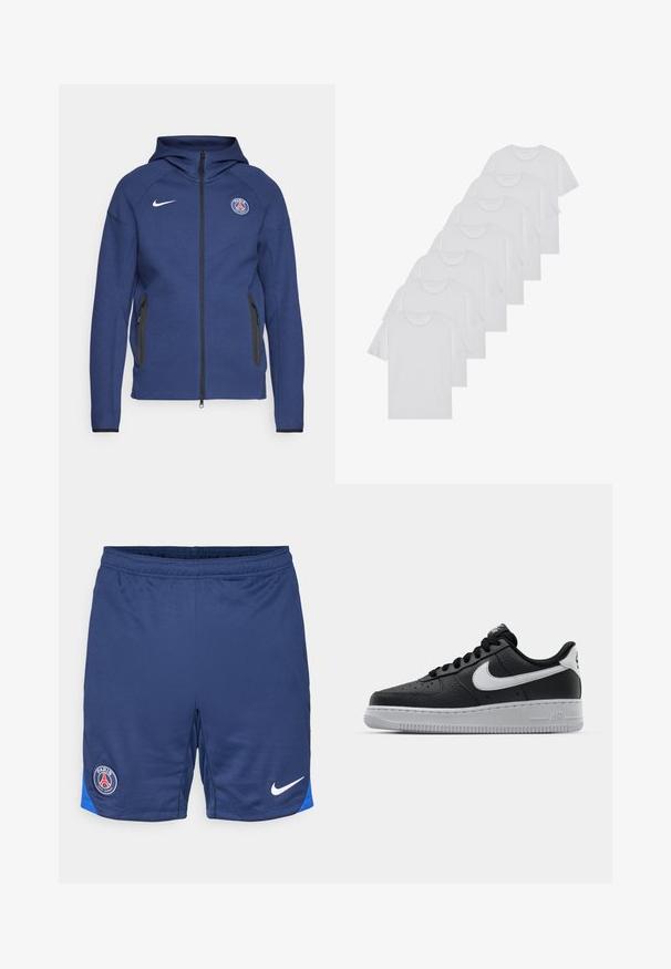 Marinblå hoodie gjord av mjukt tyg med en hel dragkedja, sidofickor och en logotyp patch. Den har en strukturerad design med en huva.; Vita bomull T-shirts, korta ärmar, rundad halsdesign, slät textur, staplade i en rad, med subtil branding vid halsringningen.; Marina fotbollsshorts i ett andningsbart tyg, med en blå detalj vid fållen och en cirkulär Paris-logotyp på vänster lår, samt en vit Nike-swoosh.; Svart lädersneaker med strukturerad yta, vit Nike-swoosh, grå sula, rund tå och snörningsdesign. Har perforeringar på tåboxen.