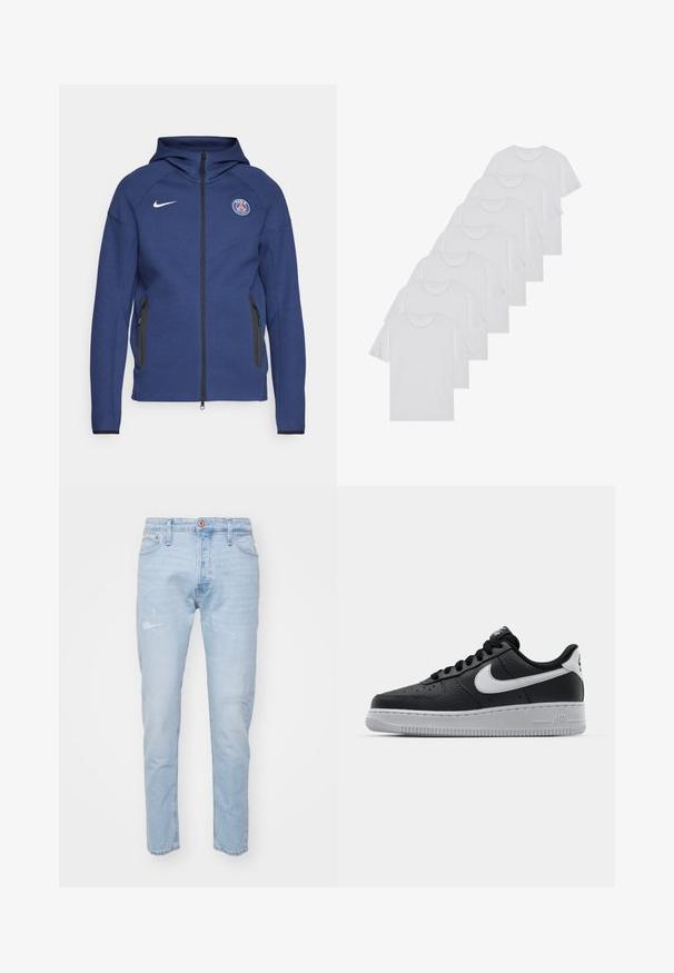 Felpa con cappuccio blu navy in morbido tessuto, dotata di zip a tutta lunghezza, tasche laterali e un'etichetta con logo. Ha un design strutturato con cappuccio.; T-shirt bianchi in cotone, maniche corte, design a collo tondo, texture liscia, impilati in fila, con un sottile marchio all'altezza del collo.; Jeans in denim azzurro chiaro con taglio dritto, caratterizzati da dettagli strappati, chiusura con bottone e design a cinque tasche.; Sneaker in pelle nera con superficie texture, baffo Nike bianco, suola grigia, punta rotonda e design con lacci. Presenta delle perforazioni sulla punta.