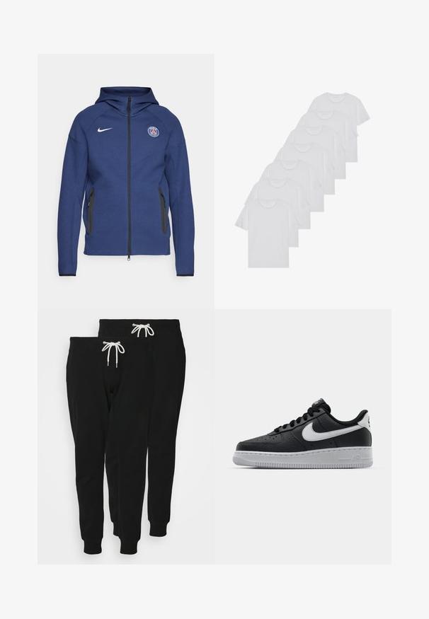 Merineel kapuutsiga pehme kangast dressipluus, millel on täielik tõmblukk, küljetaskud ja logopatch. Sellel on struktureeritud disain koos kapuutsiga.; Valge puuvillane T-särk, lühikeste varrukatega, ümar neel, ühtlane tekstuur, reastatud kuhjale, kaeluses peene brändinguga.; Mustast puuvillast trikood, millel on paelaga talje, kitsenevad sääred ja soonikuga varrukad; esitleb kahte paari.; Must musta sneaker tekstureeritud pinnaga, valge Nike logo, hall tald, ümar varv ja paeltega disain. Omab perforatsioone varbakasti peal.