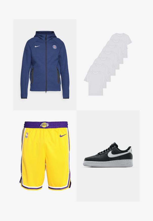Sweatshirt azul marinho feito de tecido suave, apresentando um fecho completo, bolsos laterais e um patch com logotipo. Tem um design estruturado com capuz.; T-shirts brancos de algodão, mangas curtas, design de gola redonda, com textura lisa, empilhados em fila, com uma marcação subtil na gola.; Calções de basquetebol amarelos com detalhes em roxo, apresentando uma cintura elástica, bolsos laterais e o logótipo dos Los Angeles Lakers na frente.; Sapatilha de pele preta com superfície texturizada, swoosh branco da Nike, sola cinza, bico redondo e design com atacadores. Apresenta perfurações na caixa dos dedos.