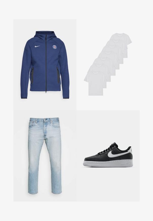 Sweatshirt azul marinho feito de tecido suave, apresentando um fecho completo, bolsos laterais e um patch com logotipo. Tem um design estruturado com capuz.; T-shirts brancos de algodão, mangas curtas, design de gola redonda, com textura lisa, empilhados em fila, com uma marcação subtil na gola.; Levi's® 501® 93 CROP - Calças de ganga de perna direita - thunder moon rocks; Sapatilha de pele preta com superfície texturizada, swoosh branco da Nike, sola cinza, bico redondo e design com atacadores. Apresenta perfurações na caixa dos dedos.