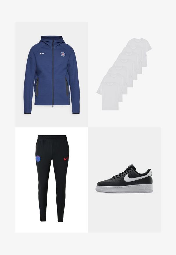 Navy blue hoodie made of soft fabric featuring a full zipper, side pockets, and a logo patch. It has a structured design with a hood.; White cotton T-shirts, short sleeves, crew neck design, plain texture, stacked in a row, with subtle branding at the neckline.; Black ribbed athletic pants featuring a blue emblem and a red Nike logo, designed with a tapered fit and stretch fabric for comfort.; Black leather sneaker with textured surface, white Nike swoosh, gray sole, round toe, and lace-up design. Features perforations on toe box.