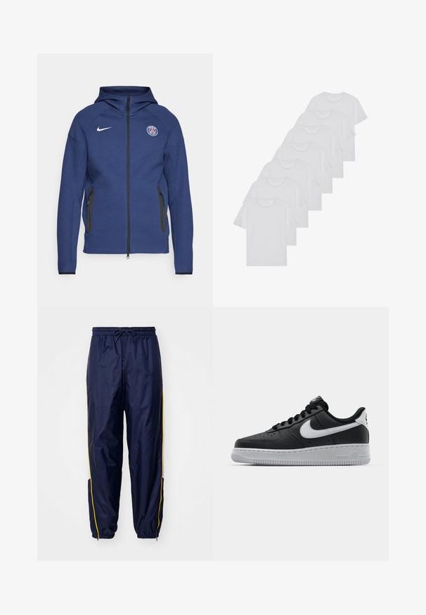 Mornarsko modra kapuca iz mehkega materiala z dolgim zadrgo, stranskimi žepi in logotipom. Ima strukturirano zasnovo s kapuco.; Beli bombažni T-majici, kratki rokavi, krožni izrez, enostavna tekstura, zloženi v vrsto, s subtilnim logotipom na vratu.; Temno modri, lahki tekaški hlače z elastičnim pasom in vrvico. Imajo rumene stranske črte in zadrge na spodnjem delu nogavic.; Črne usnjene teniske z teksturirano površino, bele Nikejeve zmage, sivo podplato, okroglo konico in vezalno zasnovo. Imajo perforacije na prednjem delu.