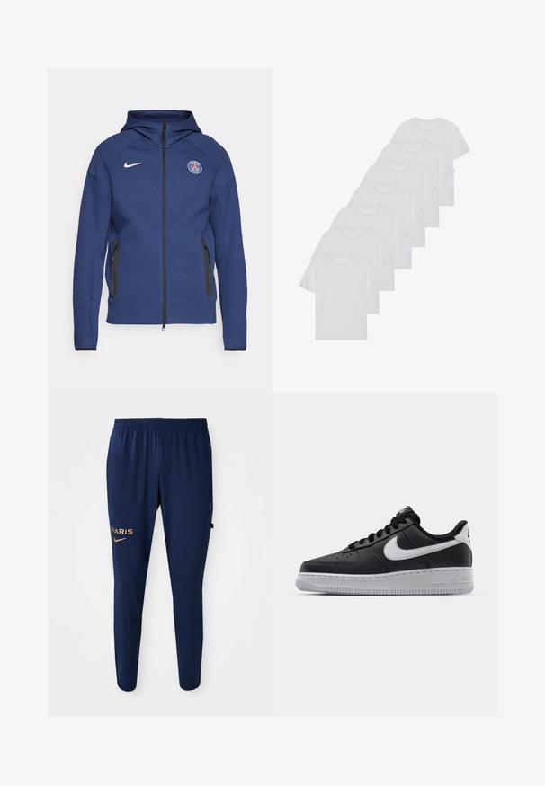 Granatowa bluza z kapturem uszyta z miękkiego materiału, z pełnym zamkiem błyskawicznym, bocznymi kieszeniami oraz naszywką z logo. Posiada strukturalny fason i kaptur.; Białe bawełniane koszulki, krótki rękaw, design z okrągłym dekoltem, gładka faktura, ułożone w rzędzie, z subtelnym logo przy dekolcie.; Granatowe spodnie sportowe z elastycznym pasem, zwężanymi nogawkami oraz złotymi logo "PARIS" i Nike na lewej nogawce.; Czarne skórzane trampki o teksturowanej powierzchni, białe logo Nike, szara podeszwa, okrągły czubek i sznurowany design. Posiada perforacje na nosku.