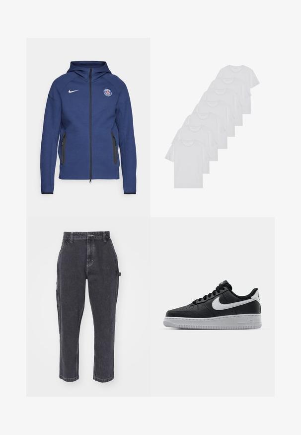 Marineblaue Kapuzenjacke aus weichem Stoff mit durchgehendem Reißverschluss, Seitentaschen und einem Logo-Patch. Sie hat ein strukturiertes Design mit einer Kapuze.; Weiße Baumwoll-T-Shirts, kurze Ärmel, Rundhals-Design, schlichte Textur, in einer Reihe gestapelt, mit dezentem Branding am Hals.; Dunkelgraue Denim-Cargo-Hosen mit geradem Bein, ausgestattet mit Seitentaschen und kontrastierenden Nähten.; Schwarze Ledersneaker mit strukturierten Oberflächen, weißem Nike-Swoosh, grauer Sohle, runder Zehenpartie und Schnürdesign. Verfügt über Perforationen an der Zehenbox.