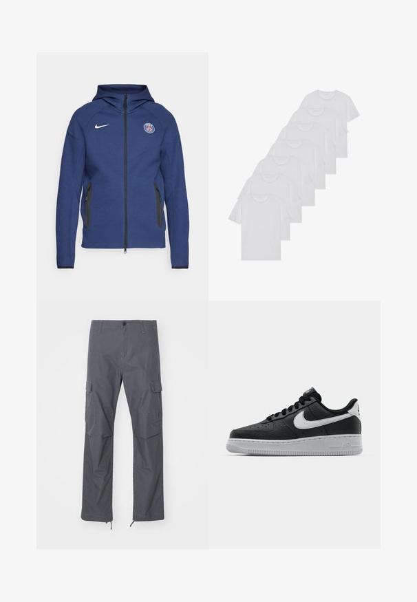 Hoodie bleu marine en tissu doux doté d'une fermeture éclair complète, de poches latérales et d'un patch logo. Il présente un design structuré avec une capuche.; T-shirts en coton blanc, à manches courtes, design col rond, texture uniforme, empilés en rangée, avec un logo subtil au niveau de l'encolure.; Pantalons cargo gris avec une coupe droite, plusieurs poches, fermeture à boutons et poignets ajustables au bas. Fabriqués en tissu durable et léger.; Baskets en cuir noir avec surface texturée, swoosh Nike blanc, semelle grise, bout rond et design à lacets. Comprend des perforations sur la boîte à orteils.