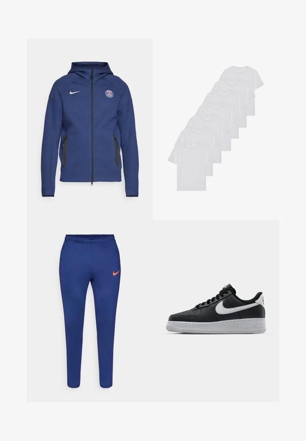 Sweatshirt azul marinho feito de tecido suave, apresentando um fecho completo, bolsos laterais e um patch com logotipo. Tem um design estruturado com capuz.; T-shirts brancos de algodão, mangas curtas, design de gola redonda, com textura lisa, empilhados em fila, com uma marcação subtil na gola.; Calças atléticas slim-fit azul-marinho com faixa elástica na cintura e logo laranja da Nike na coxa direita, em fundo branco.; Sapatilha de pele preta com superfície texturizada, swoosh branco da Nike, sola cinza, bico redondo e design com atacadores. Apresenta perfurações na caixa dos dedos.
