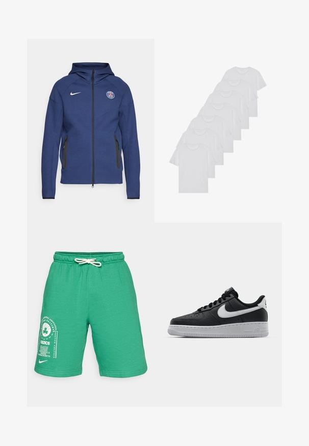 Námořnický modrý mikina s kapucí z měkké tkaniny, která má plný zip, boční kapsy a logo nášivku. Má strukturovaný design s kapucí.; Biele bavlnené trička, krátke rukávy, dizajn s okrúhlym výstrihom, hladká textúra, naskladané v rade, so subtilným brandingom na výstrihu.; Zelené šortky z bavlneného zmesi s elastickým pásom a šnúrkou na stiahnutie. Na ľavej nohe majú biele logo Boston Celtics.; Čierne kožené tenisky s textúrovaným povrchom, biely Nike swoosh, šedá podrážka, okrúle špičky a šnurovací dizajn. Obsahuje perforácie na špičke.