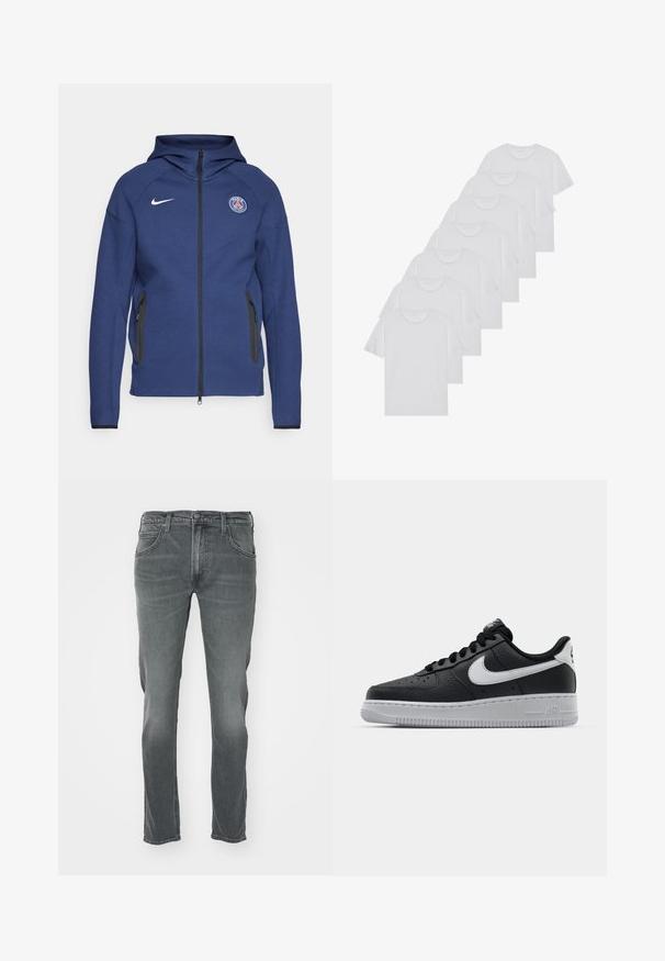 Jūras zila kapuce, kas izgatavota no mīkstas auduma, ar pilnu rāvējslēdzēju, sānu kabatām un logotipa uzšuvi. Tam ir strukturēts dizains ar kapuci.; Baltie kokvilnas T-krekli, īsas piedurknes, apaļas izgriezuma dizains, vienkārša tekstūra, sakrauti rindā, ar smalku zīmolu pie kakla izgriezuma.; Pelēki džinsi ar taisnu kāju griezumu, ar pogu aizdari, piecām kabatām un vieglu nodilumu priekšpusē.; Melna ādas sporta apavi ar teksturētu virsmu, balta Nike swoosh zīme, pelēks zole, apaļa pirksta daļa un saistējs dizains. Iekļautas perforācijas uz pirksta kastes.