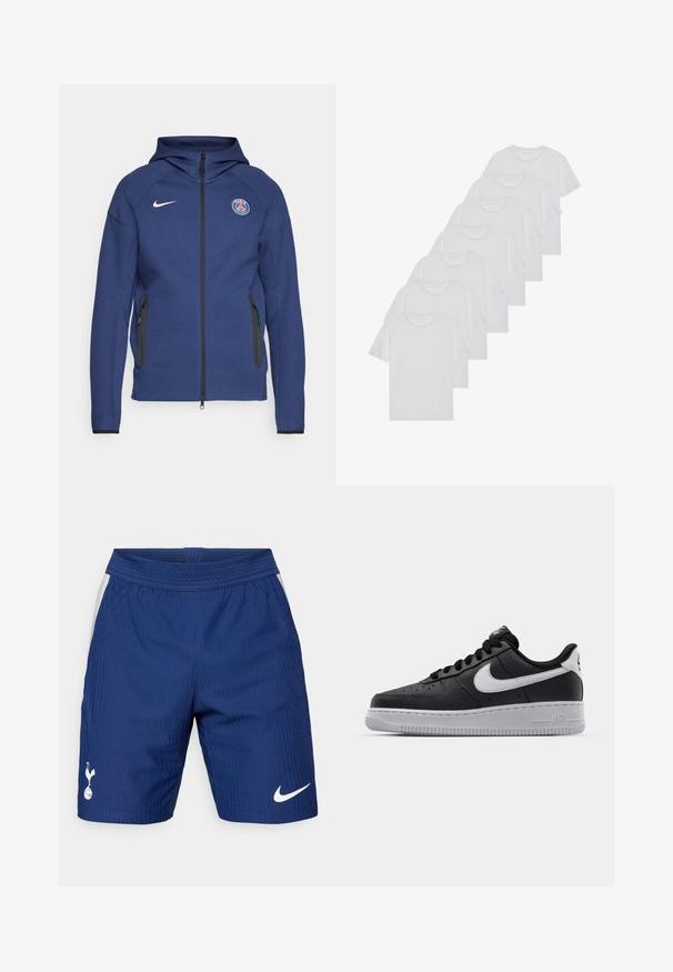 Tamno plava dukserica od mekanog materijala s punim patentnim zatvaračem, bočnim džepovima i oznakom logotipa. Ima strukturirani dizajn s kapuljačom.; Bijele pamučne majice, kratki rukavi, dizajn s okruglim izrezom, jednostavne teksture, složene u red, s suptilnim brendiranjem na izrezu.; Plave sportske kratke hlače s vertikalnom rebrastom teksturom, elastičnim pojasom i bijelim Nike logotipom na desnoj nozi. Imaju bočne mrežaste panele.; Crne kožne tenisice s teksturiranom površinom, bijeli Nike znak, sivi potplat, okrugli vrh i vezanje. Sadrže perforacije na području prstiju.