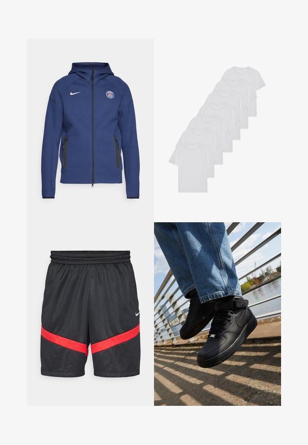 Sudadera con capucha de color azul marino hecha de tela suave, con cierre completo, bolsillos laterales y un parche con logo. Tiene un diseño estructurado con capucha.; Camisetas de algodón blancas, de manga corta, con diseño de cuello redondo, textura lisa, apiladas en una fila, con un sutil logo en el cuello.; Nike Performance ICON SHORT - Pantalón corto de deporte - black/university red/white; Zapatillas Nike Air Force 1 negras con parte superior de cuero, lengua de malla y suela de goma, que presentan un diseño de caña alta y cordones gruesos.