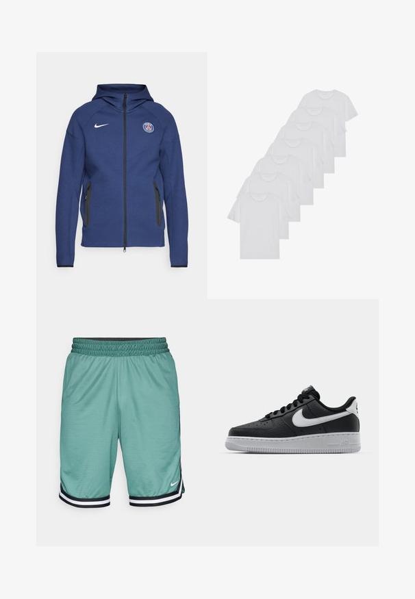Sudadera con capucha de color azul marino hecha de tela suave, con cierre completo, bolsillos laterales y un parche con logo. Tiene un diseño estructurado con capucha.; Camisetas de algodón blancas, de manga corta, con diseño de cuello redondo, textura lisa, apiladas en una fila, con un sutil logo en el cuello.; Pantalones cortos deportivos de malla verde con una cintura elástica negra, que presentan acentos de rayas blancas y negras en el dobladillo y un pequeño logo.; Zapatilla negra de cuero con superficie texturizada, logo de Nike en blanco, suela gris, puntera redonda y diseño de encaje. Presenta perforaciones en la puntera.