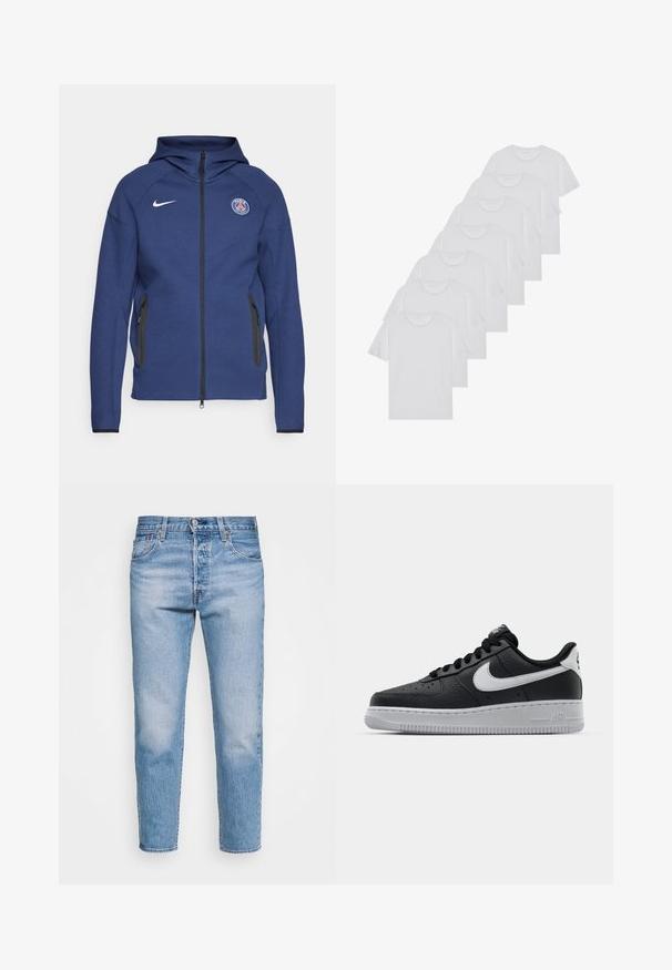 Sweatshirt azul marinho feito de tecido suave, apresentando um fecho completo, bolsos laterais e um patch com logotipo. Tem um design estruturado com capuz.; T-shirts brancos de algodão, mangas curtas, design de gola redonda, com textura lisa, empilhados em fila, com uma marcação subtil na gola.; Levi's® 501® 93 CROP - Calças de ganga de perna direita - thunder night rider; Sapatilha de pele preta com superfície texturizada, swoosh branco da Nike, sola cinza, bico redondo e design com atacadores. Apresenta perfurações na caixa dos dedos.